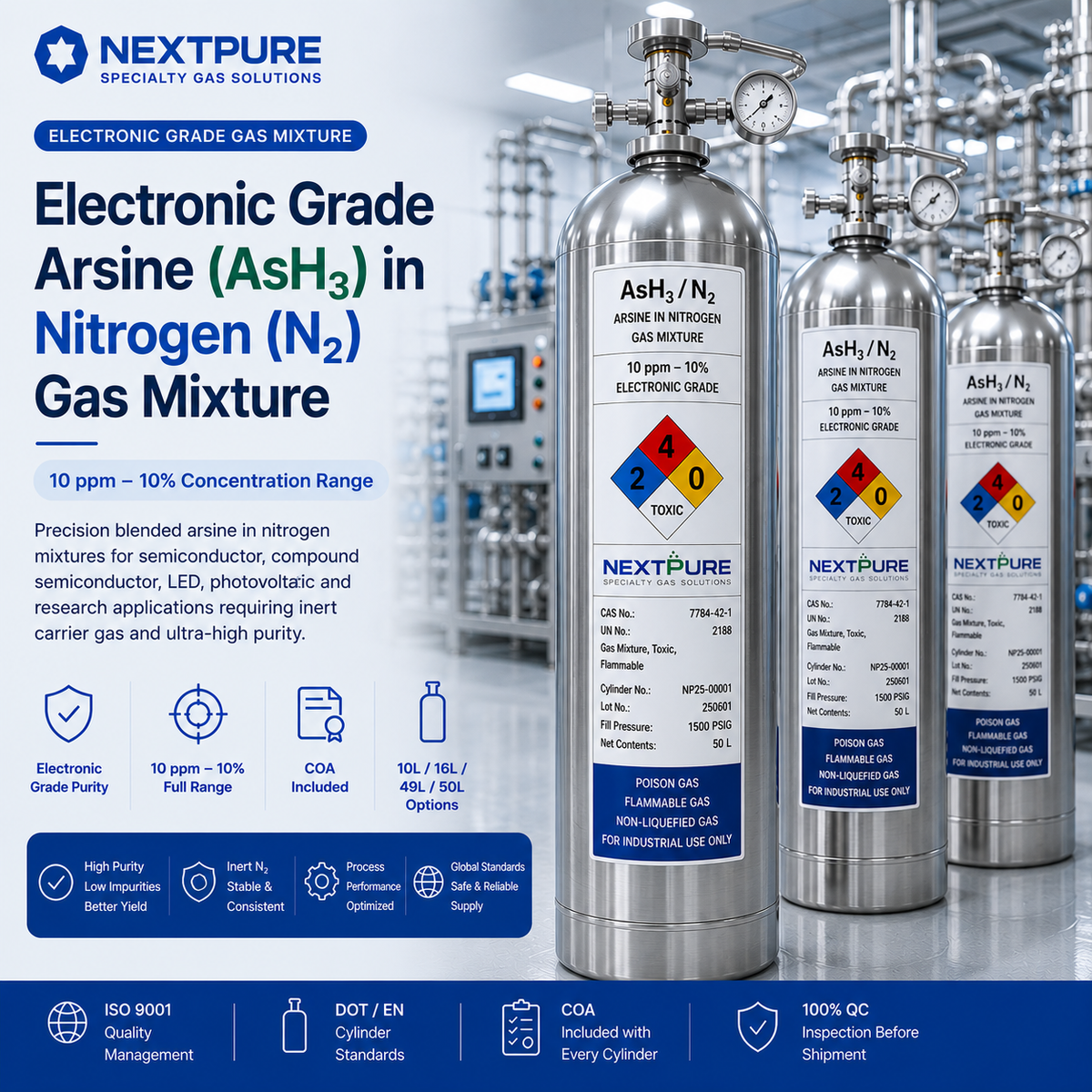 Electronic grade AsH3 in N2 arsine nitrogen gas mixture cylinders